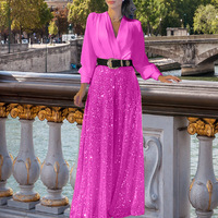 Combinaison à manches longues à col en V ornée de paillettes pour femmes avec taille haute-pantalon à jambes larges coupe ample et conception respirante