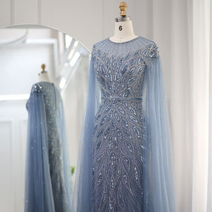 Luxe arabe bleu sirène robe de soirée avec Cape manches sauge vert or dubaï femmes robes de soirée de mariage SZ009 - Product Image 3