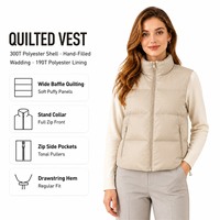 Gilet matelassé sans manches pour femme, beige, col montant, fermeture éclair intégrale, poches latérales, ourlet à cordon de serrage, coupe droite, vente en gros, approvisionnement direct usine