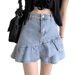 Minigonna in denim da donna a vita alta, modello A-line, <span class=keywords><strong>con</strong></span> orlo a balze, casual e traspirante, perfetta per l'estate - Product Image 1