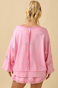 Sweat-shirt décontracté pour femmes en gros, tendance, rose, manches longues, dentelle, patchwork, manches lanternes - Product Image 6