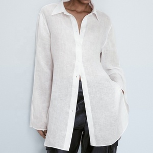 Fashion Single Breasted Long Sleeve Blouse for Ladies Summer Ventilate Woman Lapel <b>Linen</b> Cotton Fabric Slit Shirts - Product Image 1