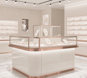 Espositore per Gioielli di Lusso con Angoli Arrotondati, Vetrina in Vetro <span class=keywords><strong>Crema</strong></span> e Oro Rosa con LED per Negozi al Dettaglio - Product Image 3