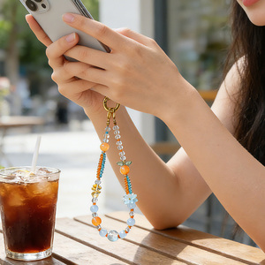 Cordon de téléphone anti-perte fait main avec perles de cristal motif mandarine et impression UV, breloque de téléphone fleurie Kawaii, support de poignet - Product Image 3