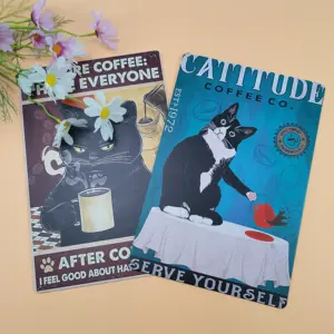 Retro Cat Coffee Metal Sign Retro Vintage Metal Plate Funny Tin Signs Bar Decorations Art Poster Kitchen Signs Wall Decor