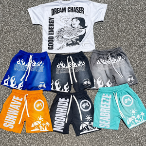 Ensemble décontracté <span class=keywords><strong>homme</strong></span> streetwear américain vintage délavé, t-shirt à <span class=keywords><strong>manches</strong></span> <span class=keywords><strong>courtes</strong></span> et short, effet vieilli, délavé à l'acide, pour voyage et activités de plein air - Product Image 2