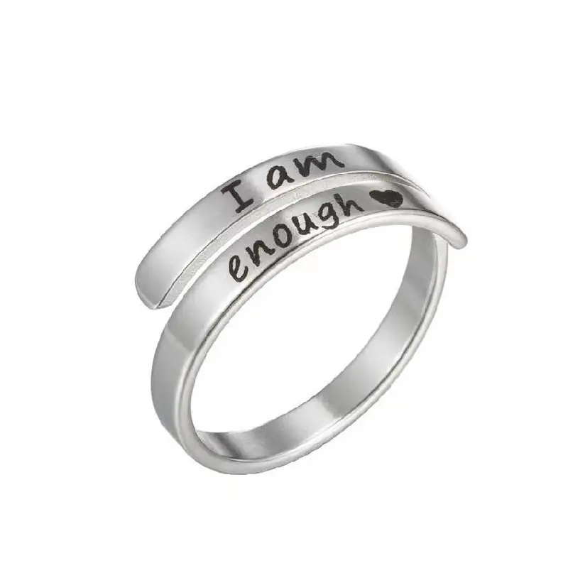 Aço inoxidável Mulheres Meninas Ouro Prata Ajustável Coração Stamp Wrap Ring Eu sou o suficiente Anel