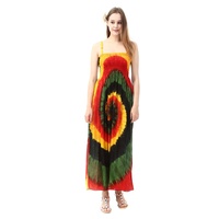Robe longue maxi colorée tie-dye à bretelles fines, buste froncé élastique, style bohème pour les vacances tropicales