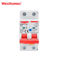Westhomes RCBO 6A-80A 1P+N 30mA 230V CB IEC Pemutus Sirkuit Arus Residual Kebocoran Tanah dengan Perlindungan Arus Lebih