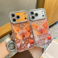 Coque de téléphone antichoc avec film protecteur d'objectif à paillettes papillon et sequins diamantés, compatible avec iPhone 17 16 15 14 13 Pro Max