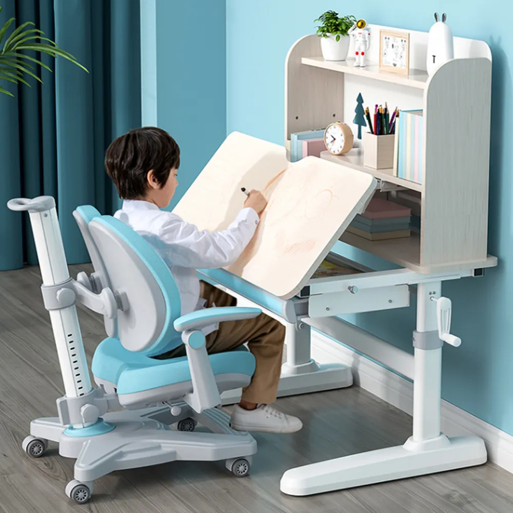 height adjustable ergonomic wooden student learning table chair shelf drawer home child baby kids study desk set for children