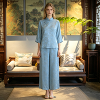 Vêtements pour femmes originaux, élégants pantalons longs à taille haute et coupe droite bleu ciel, pantalons polyvalents à jambes larges en soie de mûrier 7410