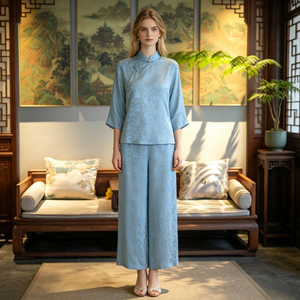 <span class=keywords><strong>Ropa</strong></span> Original para <span class=keywords><strong>Mujer</strong></span>, Elegantes Pantalones Largos <span class=keywords><strong>de</strong></span> Pierna Recta y Cintura Alta en Azul Cielo, Pantalones Versátiles <span class=keywords><strong>de</strong></span> Pierna Ancha en Seda <span class=keywords><strong>de</strong></span> Morera 7410 - Product Image 1