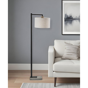 Lampada da terra moderna HMS 61 ad arco grigio nero con tessuto bianco Drum ombra LED fonte di luce per alberghi camere da letto uffici E27 Base - Product Image 1
