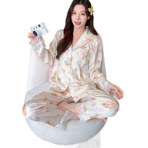 Conjunto de ropa de dormir para mujer, pantalones cortos, cárdigan de gasa transparente con ribete de encaje y manga larga, ropa de descanso con cintura elástica suave y estampado de dibujos animados para verano - Product Image 5