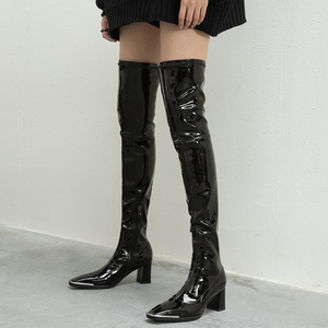 Women Over the Knee High Patent <b>Boots</b> Chunky Heels Lady Metal Square Toe Shoes Side Zipper Skintight Long Booties - Product Image 3