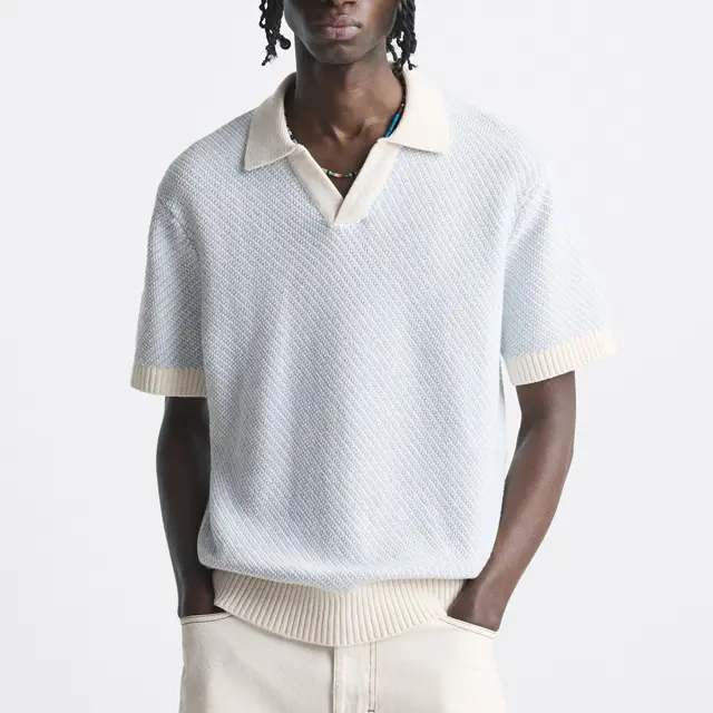 2024 신상품 니트웨어 맞춤 니트 T 셔츠 짧은 소매 100 면 오픈 폴로 넥 남성 T 셔츠 니트 셔츠 폴로 스웨터