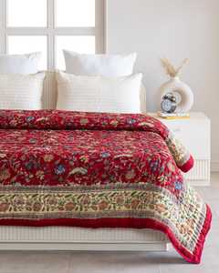 Ruby Red Beige Cotton <b>Quilt</b> Hand Block Printed Reversible Jaipuri Razai King <b>Bedding</b> Set - Product Image 4