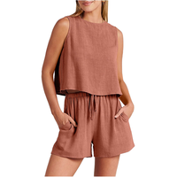 Setelan pakaian olahraga kasual wanita, atasan 2 potong Fashion Atasan pendek & celana pendek tali 5 warna Solid ukuran s-xl kancing belakang musim panas