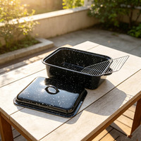 Plat de cuisson rectangulaire en acier émaillé noir moucheté de 32 cm pour camping, avec grille, idéal pour four et cuisson en extérieur