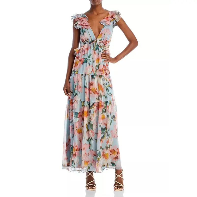 2023 Unique Design Sweet Vintage Printed Flower Fashion Deep V Neck Women Casual Dresses Backless Bow Tie Ruffled Long Dress