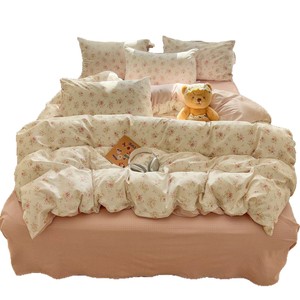 Meldo Washed Cotton Four-Piece Bedding Set Plaid Floral Print Pastoral Style Student Use - Product Image 5
