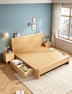 Base de Cama de Madera Maciza Natural de Alta Calidad, Cama Moderna con Cabecera de Paneles Horizontales para Dormitorio - Product Image 2