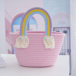 Bolso tote tejido con hilo de algodón arcoíris, bolso de playa versátil de paja con diseño de nube, cesta de cuerda de algodón, bolso de viaje para recuerdos - Product Image 1