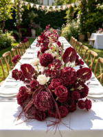 Karangan Bunga Mawar Anthurium Merah Hydrangea Burgundy untuk Dekorasi Meja Resepsi Pernikahan, Rangkaian Bunga Merah Tua