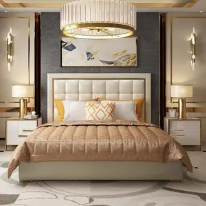 Luxus Gold Edelstahl Kopfteil Chesterfield Leder Bett rahmen voller Größe Paar Königin Doppelbett