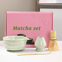 Ensemble de thé en céramique de style Japandi personnalisé, 5 pièces, bol à matcha rose artisanal avec support pour fouet pour la cérémonie du thé