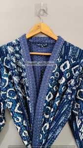Bata Kimono Azul Acolchada Estampada de Manga Tres Cuartos con Cuello en V para Mujer, Ropa de Dormir Casual Tejida para Primavera - Product Image 5