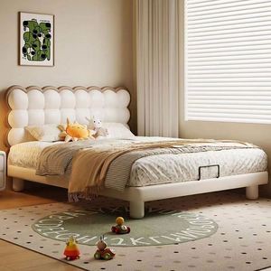 Lit de repos moderne minimaliste en bois massif couleur crème |   Coussin confortable et réglable en coton, design rond, taille standard, pour chambre de filles - Product Image 1