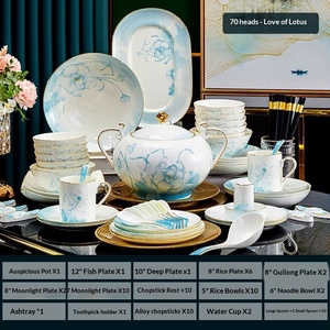 Vaisselle en céramique de Jingdezhen, service de table en porcelaine fine, motif lotus, pour hôtel, avec bord doré, bol, assiette, bol cadeau, baguettes, vente en gros - Product Image 6