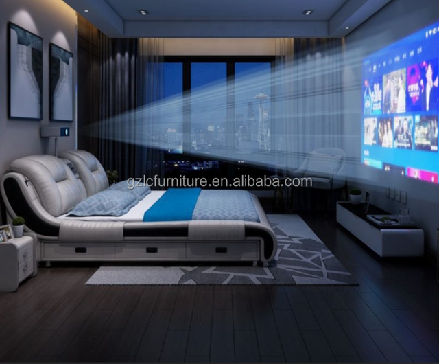 Hot Sales Multi-functional Modern King Size Smart Leather Bed Massage Function New Design Bedroom Furniture Set Wooden Frame