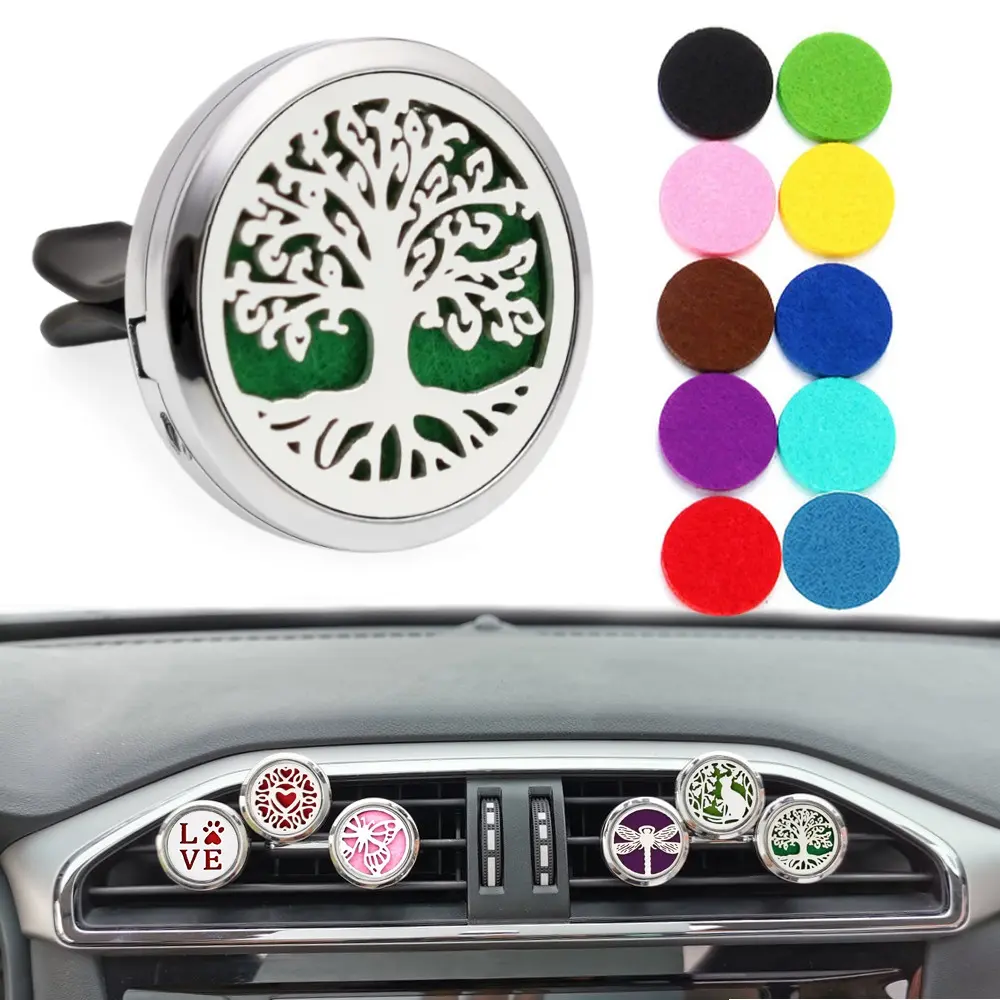 Tree of Life Essential Oil Aromatherapy Perfume Freshener Necklace Pendant 10pcs Pads Gifts 30mm Car Diffuser Locket Vent Clip