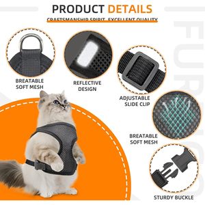 Furrigo Cat <b>Harness</b> And Leash Large <b>Black</b> Mesh Adjustable Breathable Reflective For Walking - Product Image 5