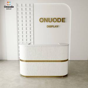 Mostrador de Recepción de Acero Inoxidable de Alta Calidad con Logotipo Personalizado, Mostrador de Caja Resistente con Iluminación LED, Vitrinas Beige Ecológicas - Product Image 1