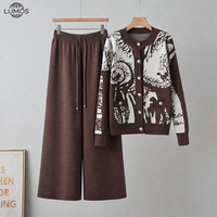 Ensemble de mode automne-hiver pour femmes, cardigan en tricot à imprimé uni décontracté avec boutons métalliques, ensemble deux pièces avec pantalon large