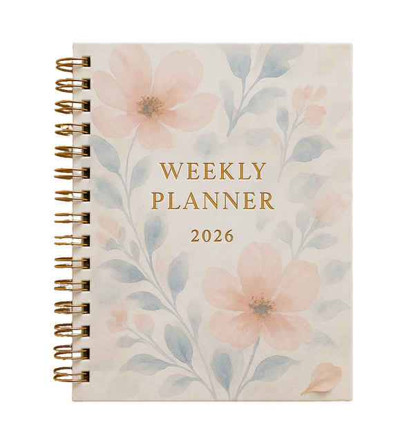 LABON A5 Weekly Planner 2026 Floral Spiral Journal with Peach Blue Watercolor Cover Gold Foil Elegant Organizer Notebook