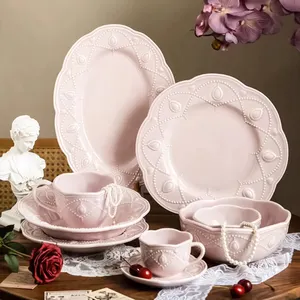 European court pink glaze embossed design ceramic plates sets dinnerware tableware for wedding