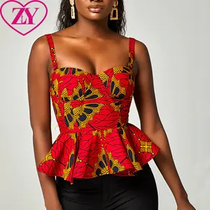 安卡拉非洲印花无袖衬衫可调节可拆卸肩带上衣紧身胸衣红色新季衬衫