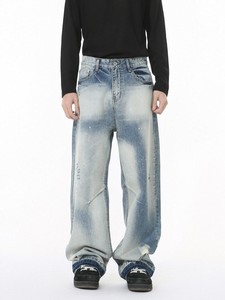 Jeans in denim distressed effetto acido da uomo, di alta qualità, con vernice vintage, firmati, personalizzati, streetwear, baggy, con effetto baffo di gatto - Product Image 2
