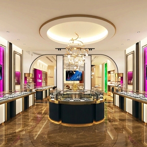 Design d'Interni per Gioielleria di Lusso, Bancone Espositivo Rotondo Personalizzato Nero e Oro con Illuminazione LED - Product Image 2