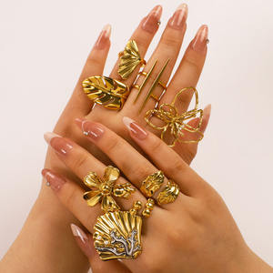 Ensemble de bagues ouvertes d'été en acier inoxydable plaqué or 18 carats, style océan, géométrique, coquillage, feuille, fleur, Hyperbole - Product Image 4