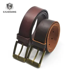 Carosung hot sale vintage genuine leather belt men with brass buckles belt jeans casual leather belt
