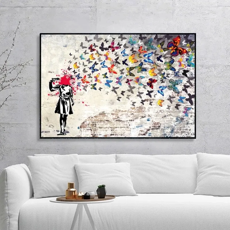 Banksy – toile de fille avec papillon, peintures sur le mur, images abstraites d'équitation, imprimés pour la décoration moderne de la chambre à coucher
