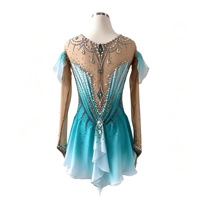 Robe de patinage artistique pour enfants, dégradé bleu sarcelle, manches volantées, dos ouvert en maille, strass faits à la main, pour la compétition
