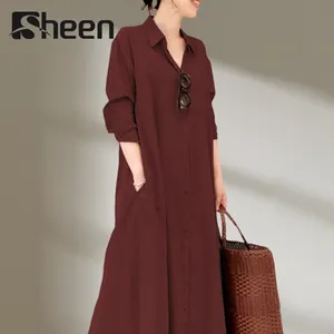 Vestido de algodón y lino de estilo europeo y americano, manga larga de Color sólido con bolsillo lateral, informal, holgado, largo, venta al por mayor