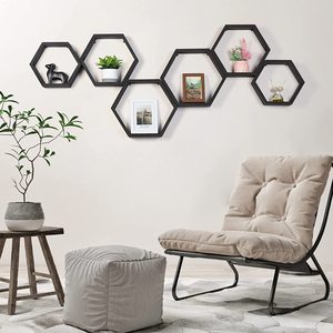 Juego de <span class=keywords><strong>6</strong></span> Estantes Flotantes Hexagonales de Madera Negra, Cajas de Almacenamiento Cuadradas Tipo Panal, Diseño OEM, Superficie Pintada - Product Image 5